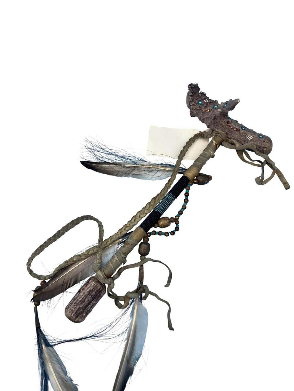 Native American Antler Ceremonial Talking Stick Feathers Beaded 13x5x3 USA Decor